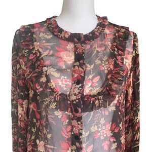 89. The Kooples 100% Silk Floral Sheer Ruffle Top Size S